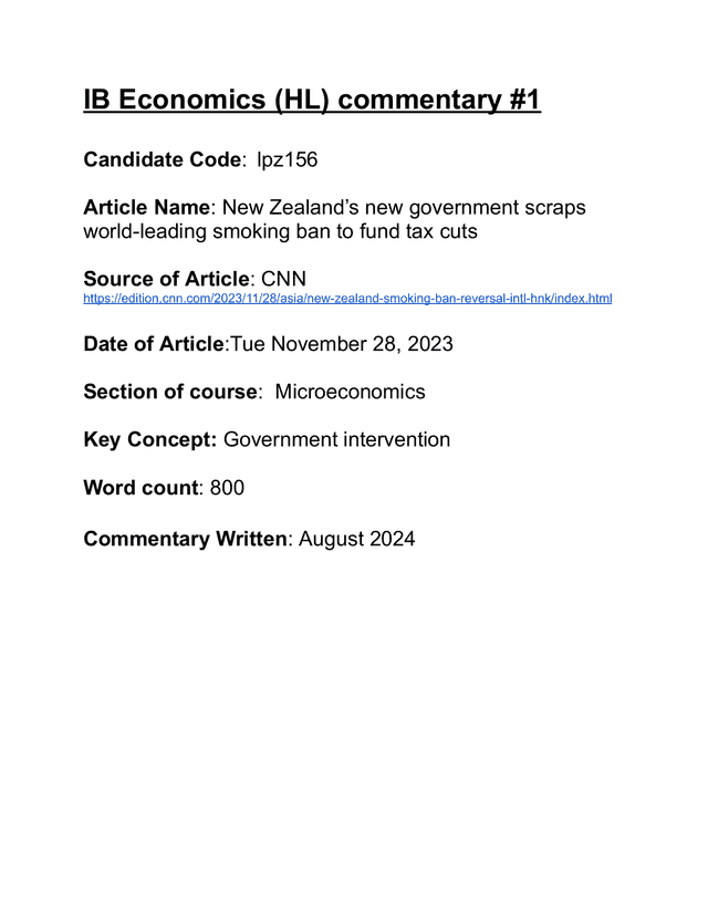 New Zealand’s new government scraps world-leading
smoking ban to fund tax cuts - Economics IA exemplar scored 5