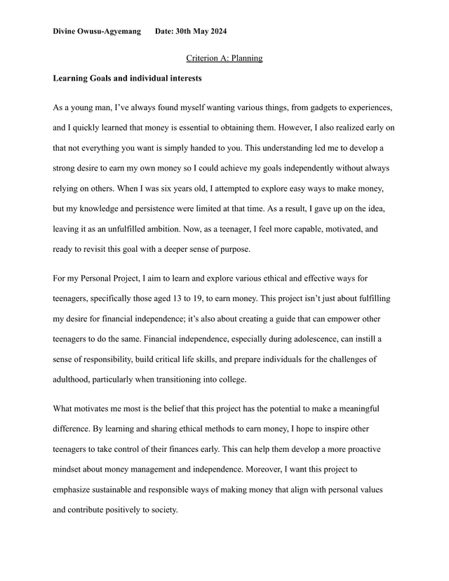 Make Bank w/ Trizzy - Personal Project (MYP) External Assessment exemplar scored 4