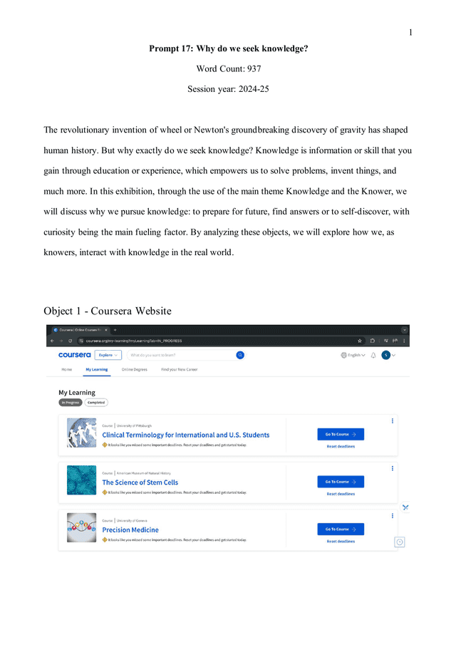 Coursework Exemplar - Theory of Knowledge (TOK) TOK exemplar scored B