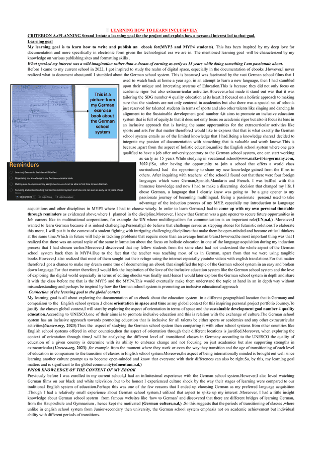 LEARNING HOW TO LEARN INCLUSIVELY - Personal Project (MYP) External Assessment exemplar scored 6