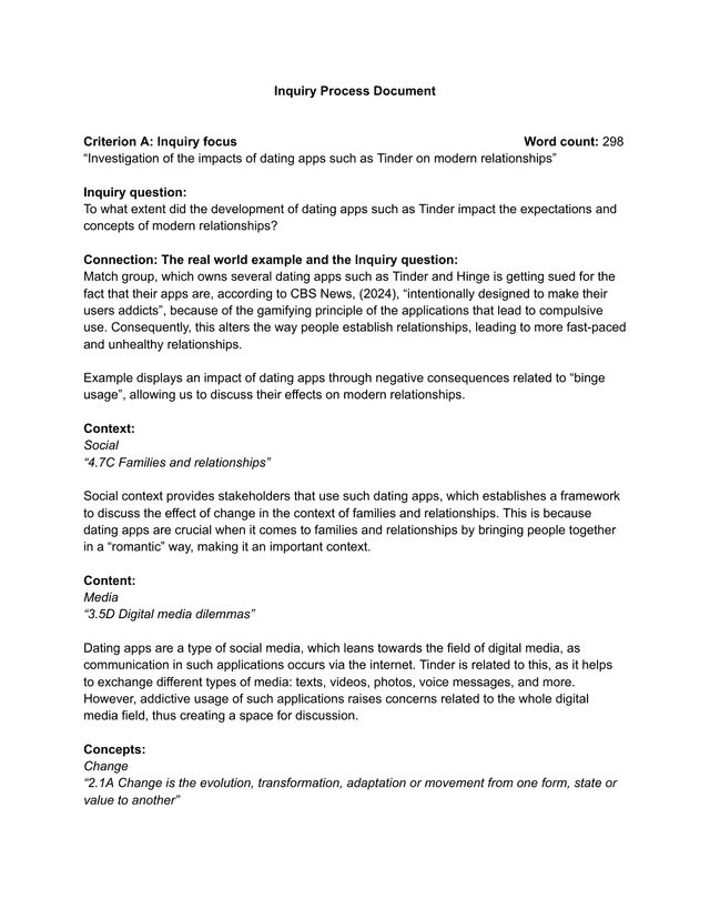 To what extent did the development of dating apps such as Tinder impact the expectations and
concepts of modern relationships? - Digital Society (DS) IA exemplar