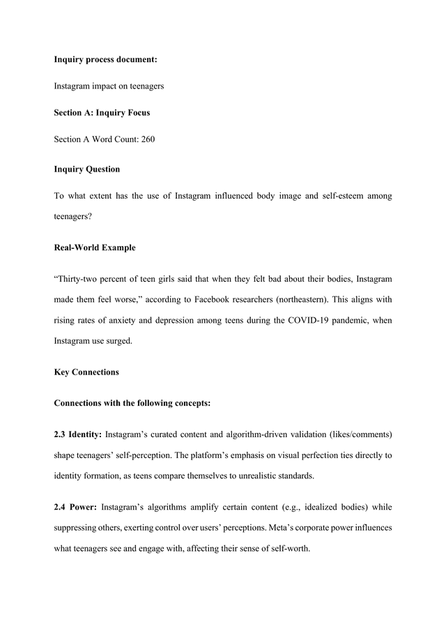 To what extent has the use of Instagram influenced body image and self-esteem among teenagers? - Digital Society (DS) IA exemplar
