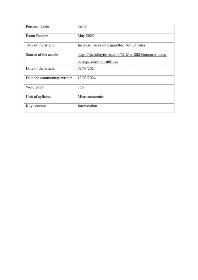 Increase Taxes on Cigarettes, Not Utilities - Economics IA exemplar scored 6