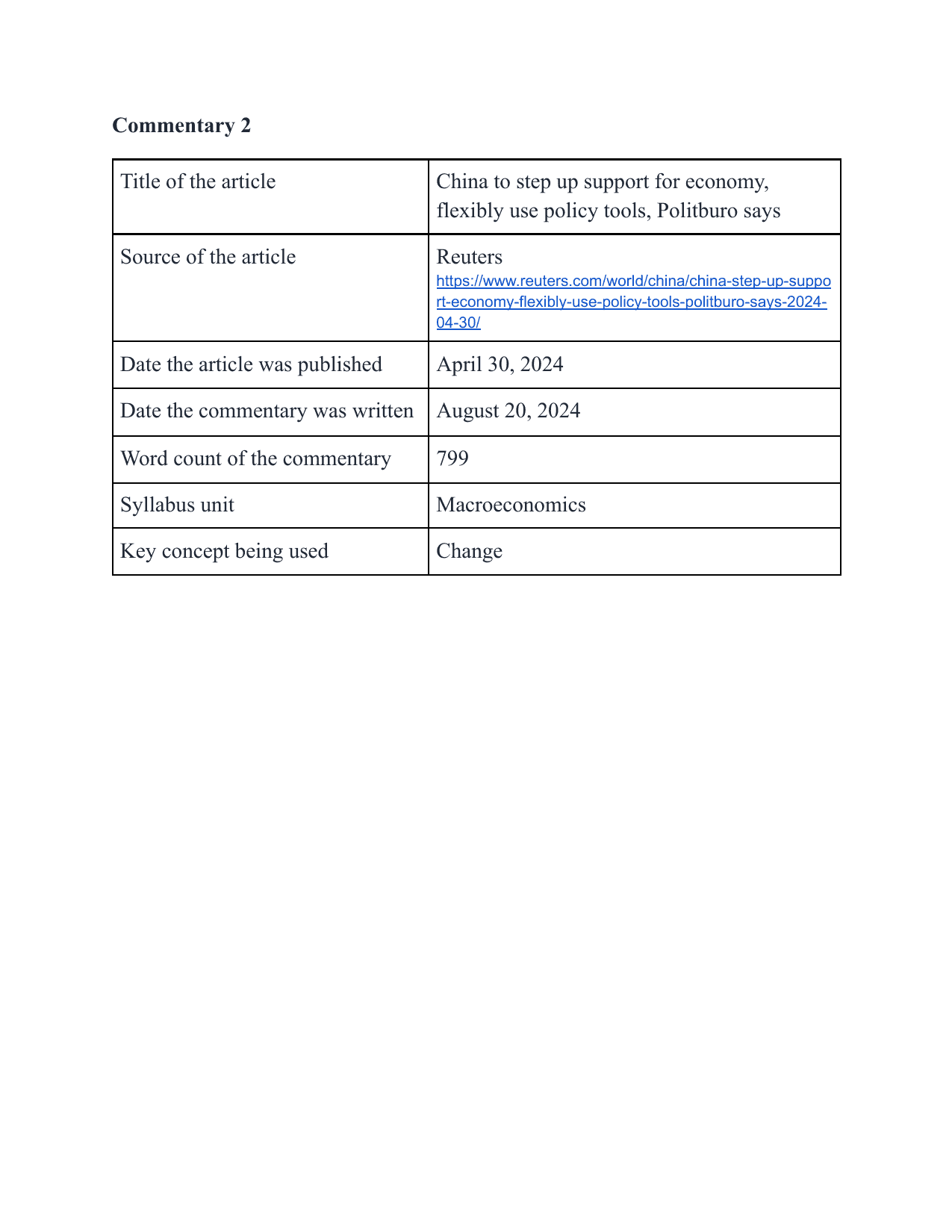 Macro IA : 
Title: China to step up support for economy, flexibly use policy tools, Politburo says - Economics IA exemplar
