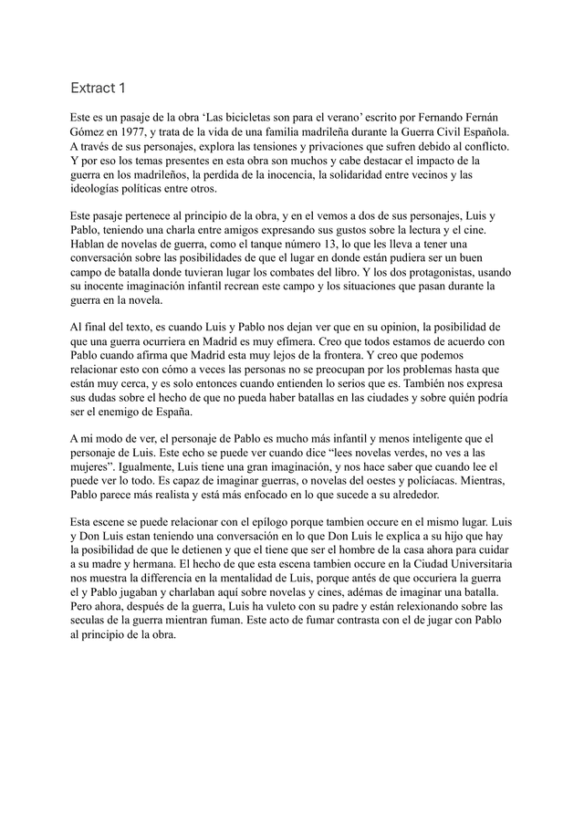 Las Bicicletas Son Para El Verano - Spanish B IA exemplar scored 7