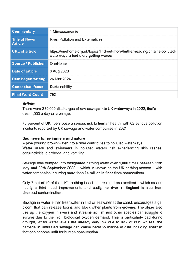 Microeconomic River Pollution and Externalities - Economics IA exemplar scored 7