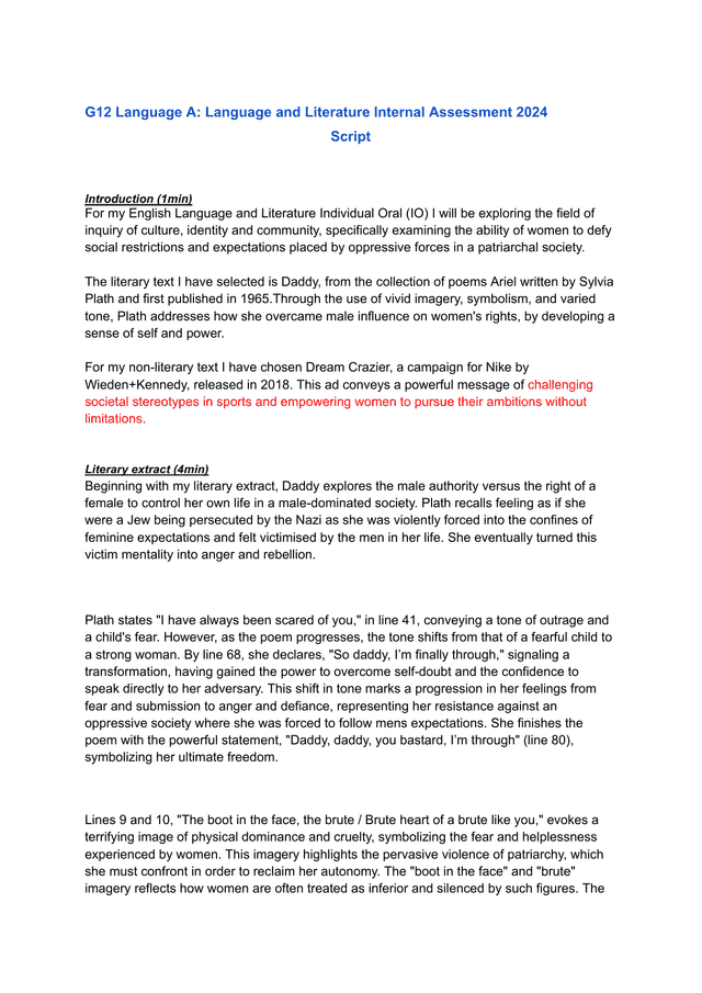 The ability of women to defy social restrictions and expectations
placed by oppressive forces in a patriarchal society - English Lang & Lit (Old) IA exemplar scored 6
