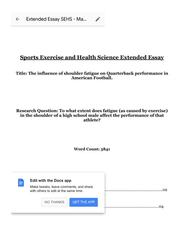 To what extent does fatigue (as caused by exercise) in the shoulder of a high school male affect the performance of that athlete? - Sports, exercise and health science (SEHS) EE exemplar scored A