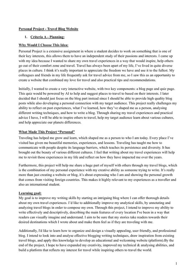 Travel Blog Website - Personal Project (MYP) External Assessment exemplar scored 5