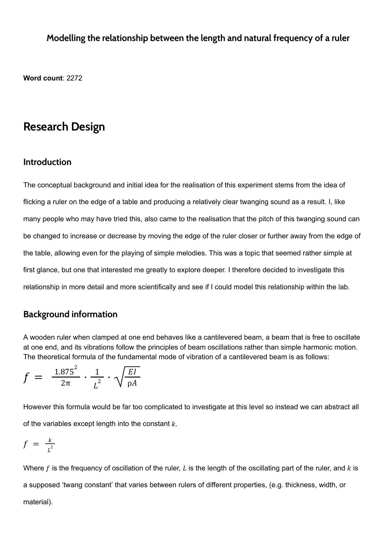 Modelling the relationship between the length and natural frequency of a ruler - Physics IA exemplar scored 5
