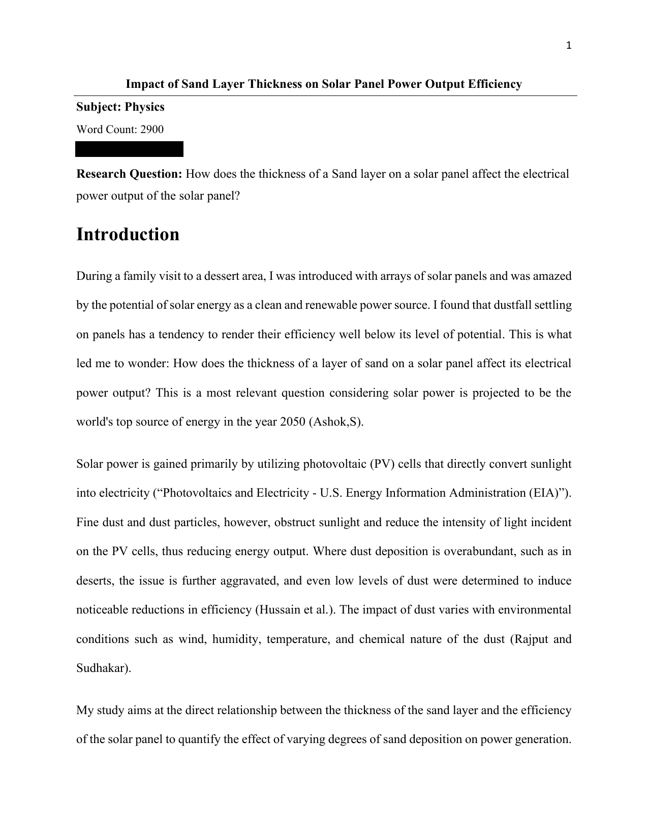 How does the thickness of a Sand layer on a solar panel affect the electrical
power output of the solar panel? - Physics IA exemplar
