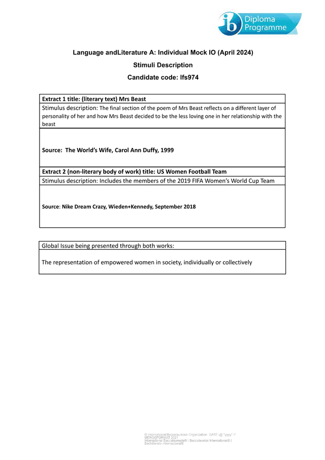 The representation of empowered women in society, individually or collectively - English Lang & Lit (Old) IA exemplar scored 6