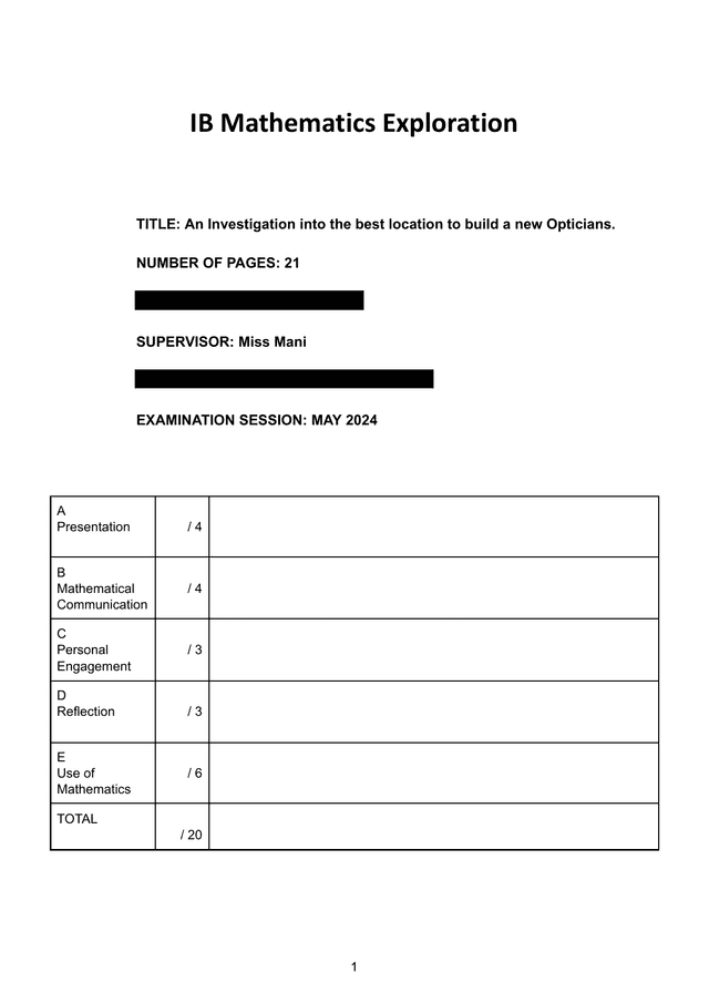 An Investigation into the best location to build a new Opticians. - Mathematics Applications & Interpretation (AI) IA exemplar scored 4