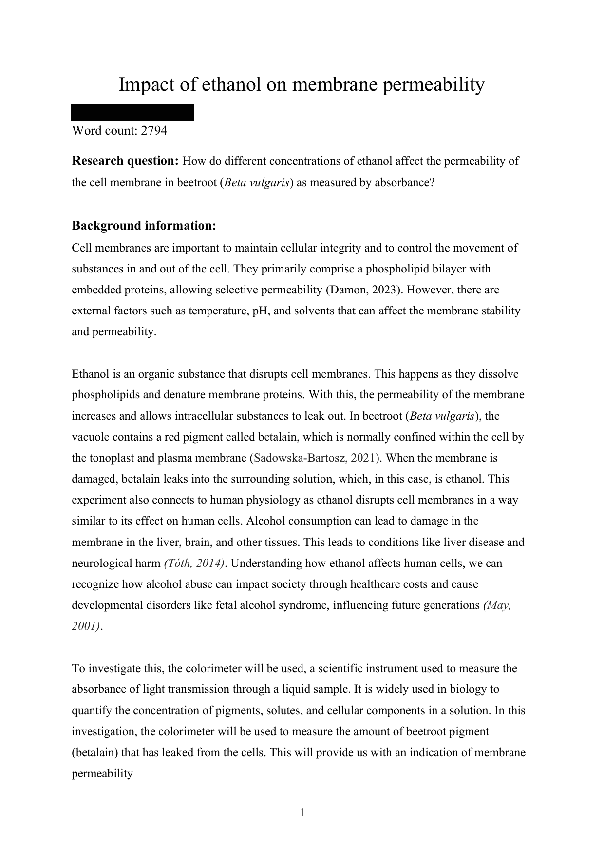 How do different concentrations of ethanol affect the permeability of the cell membrane in beetroot (Beta vulgaris) as measured by absorbance? - Biology IA exemplar scored 5
