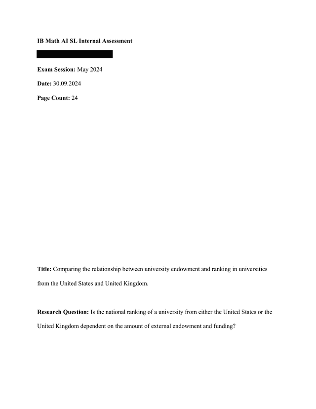 Is the national ranking of a university from either the United States or the United Kingdom dependent on the amount of external endowment and funding? - Mathematics Applications & Interpretation (AI) IA exemplar scored 4