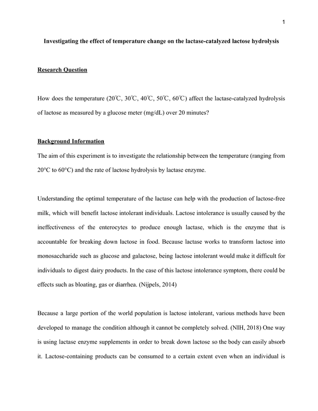 Investigating the effect of temperature change on the lactase-catalyzed lactose hydrolysis - Biology IA exemplar scored 6