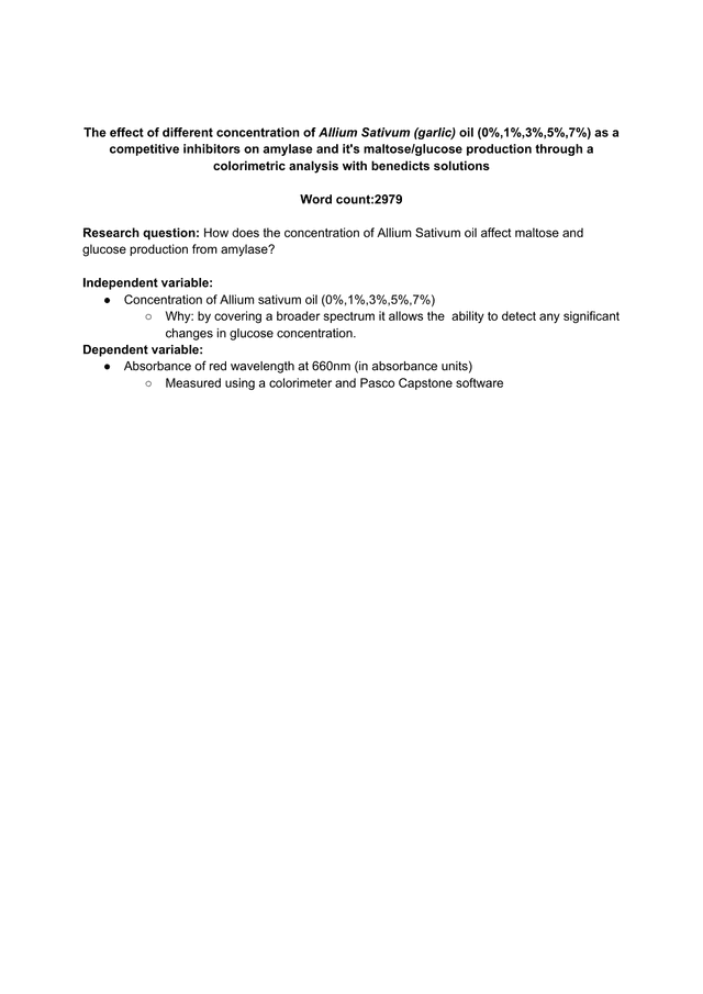 How does the concentration of Allium Sativum oil affect maltose and glucose production from amylase? - Biology IA exemplar scored 6