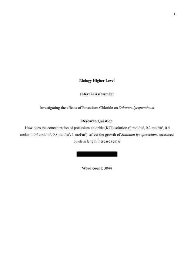 How does the concentration of potassium chloride (KCl) solution (0 mol/m3, 0.2 mol/m3, 0.4 mol/m3, 0.6 mol/m3, 0.8 mol/m3, 1 mol/m3)  affect the growth of Solanum lycoperscium, measured by stem length increase (cm)? - Biology IA exemplar scored 6