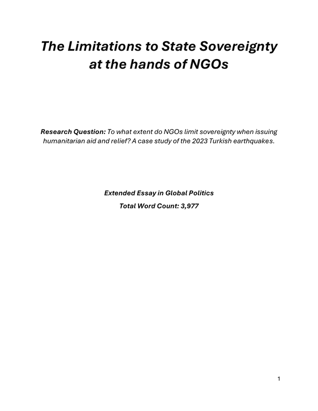 To what extent do NGOs limit sovereignty when issuing humanitarian aid and relief? - Global Politics EE exemplar scored C