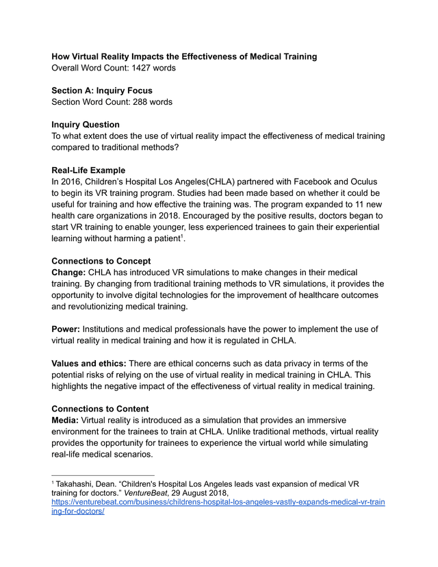 To what extent does the use of virtual reality impact the effectiveness of medical training compared to traditional methods? - Digital Society (DS) IA exemplar scored 4