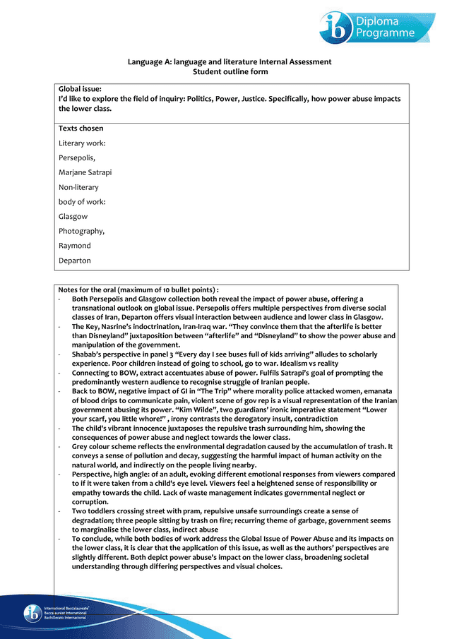 Marjane Satrapi's Persepolis and Raymond Departon's Glasgow Collection - English A Lang & Lit IA exemplar scored 6
