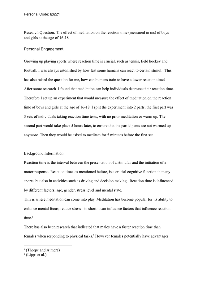 The effect of meditation on the reaction time (measured in ms) of boys and girls at the age of 16-18 - Sports, exercise and health science (SEHS - Old) IA exemplar scored 3