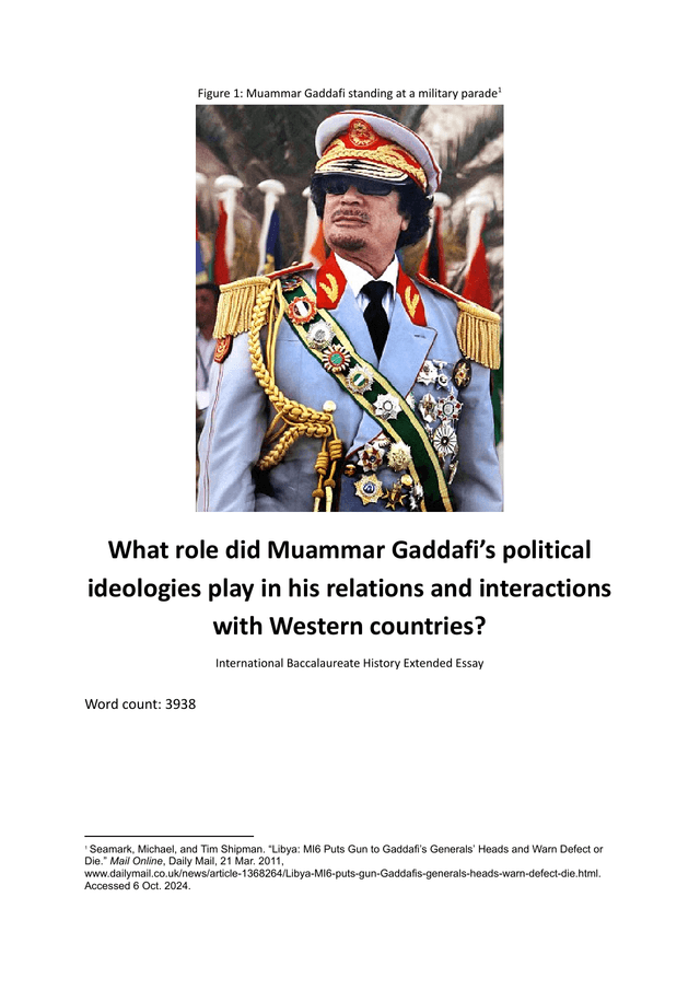 What role did Muammar Gaddafi’s political ideologies play in his relations and interactions with Western countries? - History EE exemplar scored C