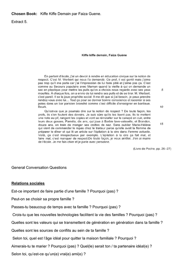Kiffe Kiffe Demain par Faiza Guene. - French B IA exemplar scored 6