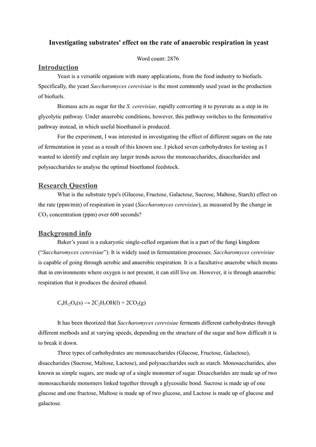 What is the substrate type's (Glucose, Fructose, Galactose, Sucrose, Maltose, Starch) effect on the rate (ppm/min) of respiration in yeast (Saccharomyces cerevisiae), as measured by the change in CO2 concentration (ppm) over 600 seconds? - Biology IA exemplar scored 5