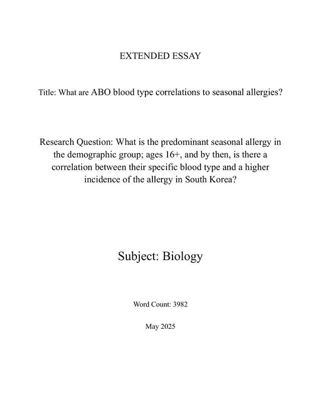 What is the predominant seasonal allergy in the demographic group; ages 16+, and by then, is there a correlation of their specific blood type and a higher incidence of the allergy in South Korea? - Biology EE exemplar scored B