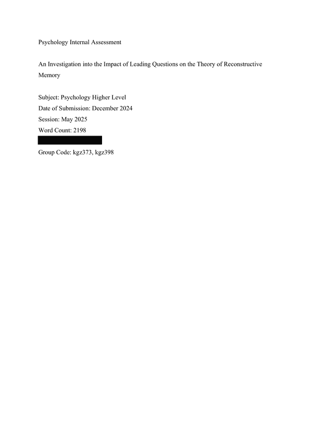 An Investigation into the Impact of Leading Questions on the Theory of Reconstructive - Psychology IA exemplar scored 7