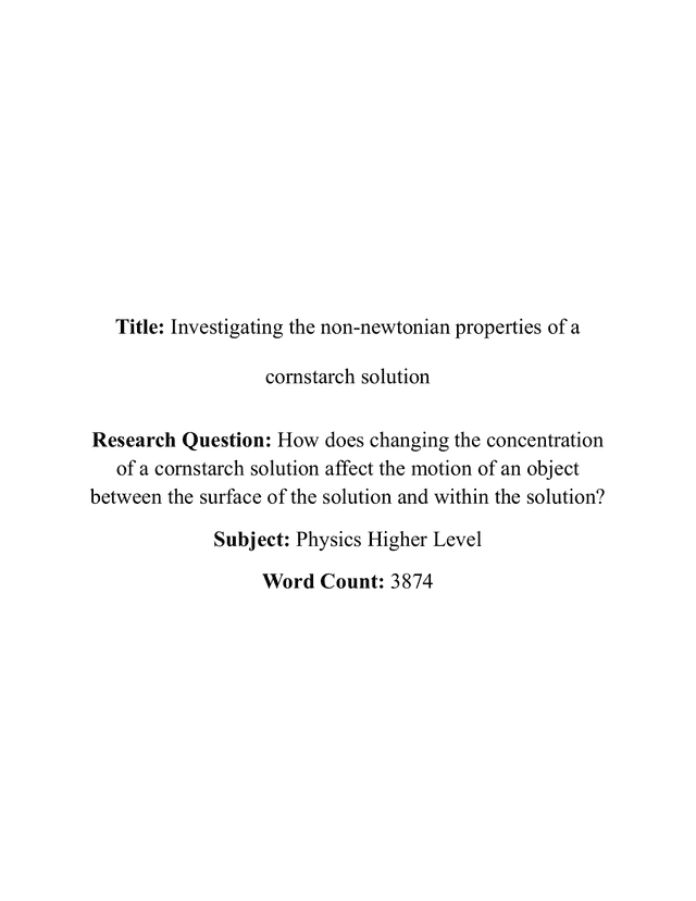 How does changing the concentration
of a cornstarch solution affect the motion of an object
between the surface of the solution and within the solution? - Physics EE exemplar scored B