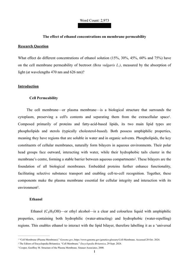 What effect do different concentrations of ethanol solution (15%, 30%, 45%, 60% and 75%) have on the cell membrane permeability of beetroot (Beta vulgaris L.), measured by the absorption of light (at wavelengths 470 nm and 626 nm)? - Biology IA exemplar scored 5