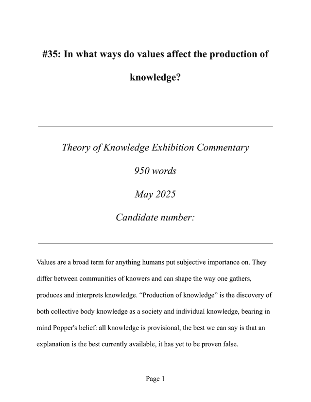 Coursework Exemplar - Theory of Knowledge (TOK) TOK exemplar scored B