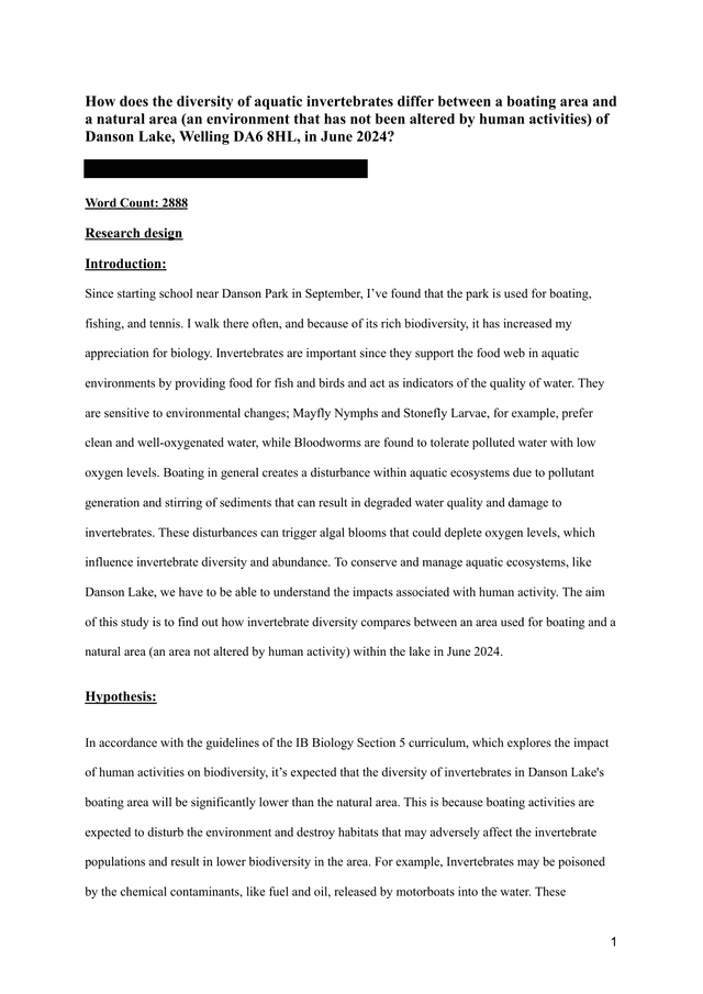 How does the diversity of aquatic invertebrates differ between a boating area and a natural area (an environment that has not been altered by human activities) of Danson Lake, Welling DA6 8HL, in June 2024? - Biology IA exemplar scored 5