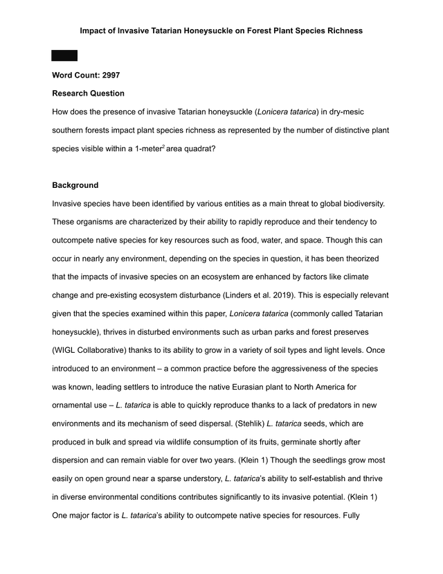 How does the presence of invasive Tatarian honeysuckle (Lonicera tatarica) in dry-mesic southern forests impact plant species richness as represented by the number of distinctive plant species visible within a 1-meter2 area quadrat? - Biology IA exemplar scored 5