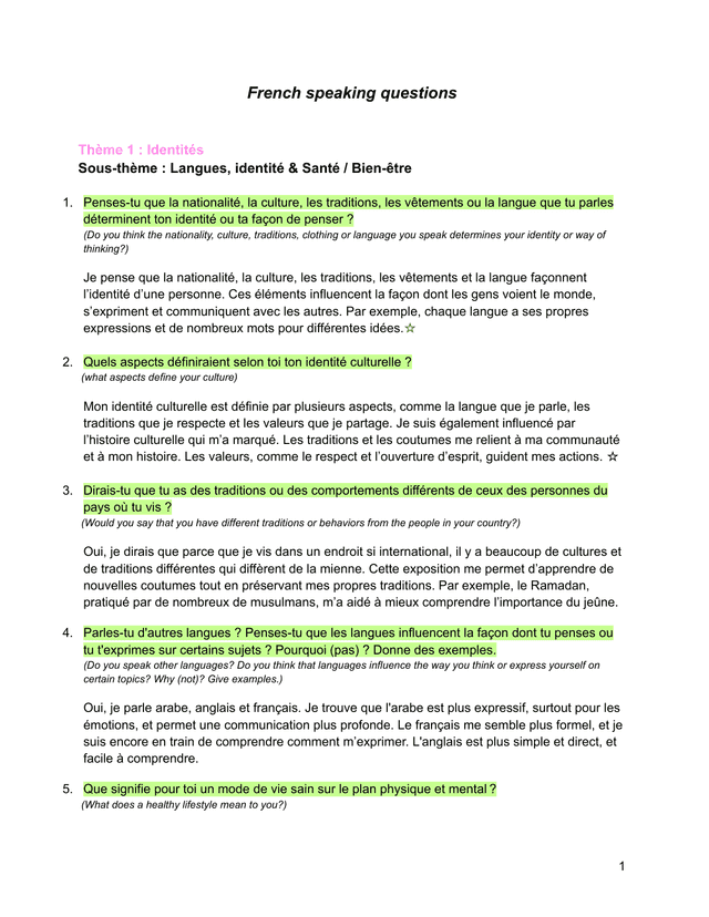 French speaking questions - French B IA exemplar scored 6