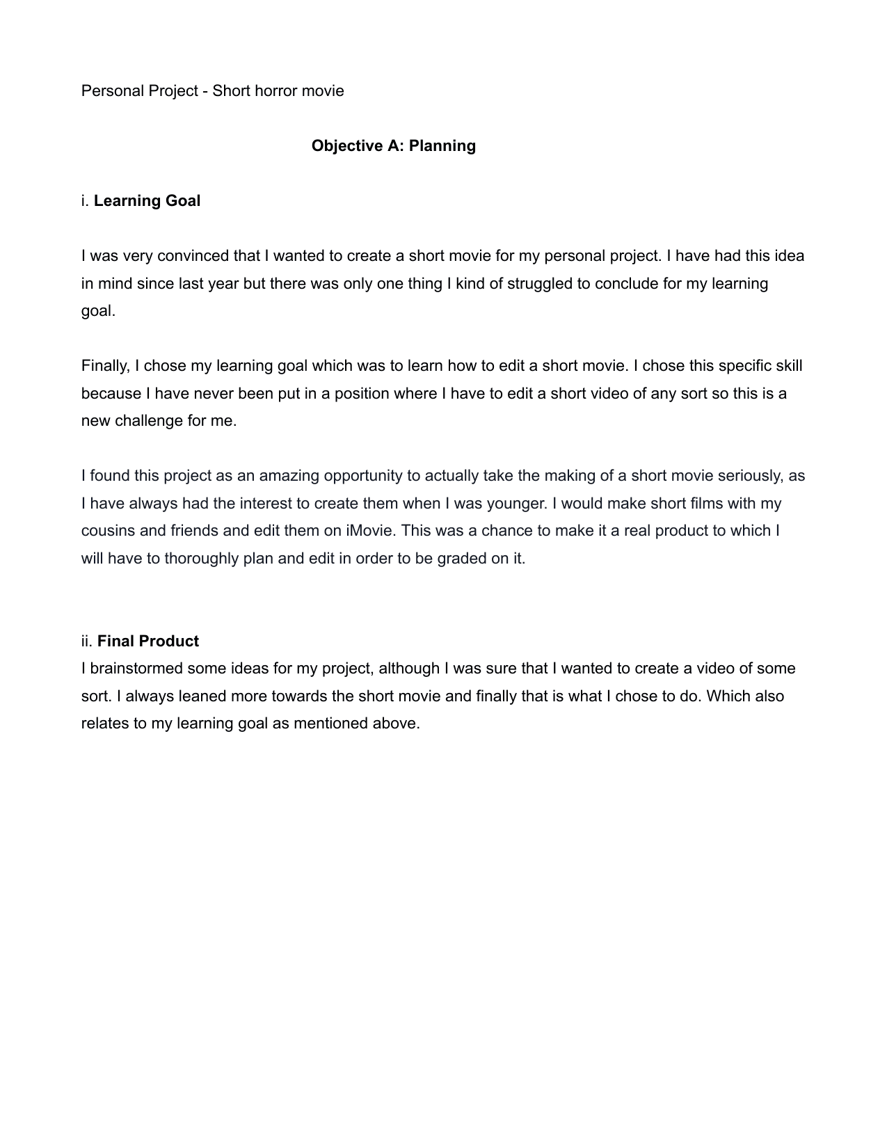 Short Horror Movie - Personal Project (MYP) External Assessment exemplar scored 3