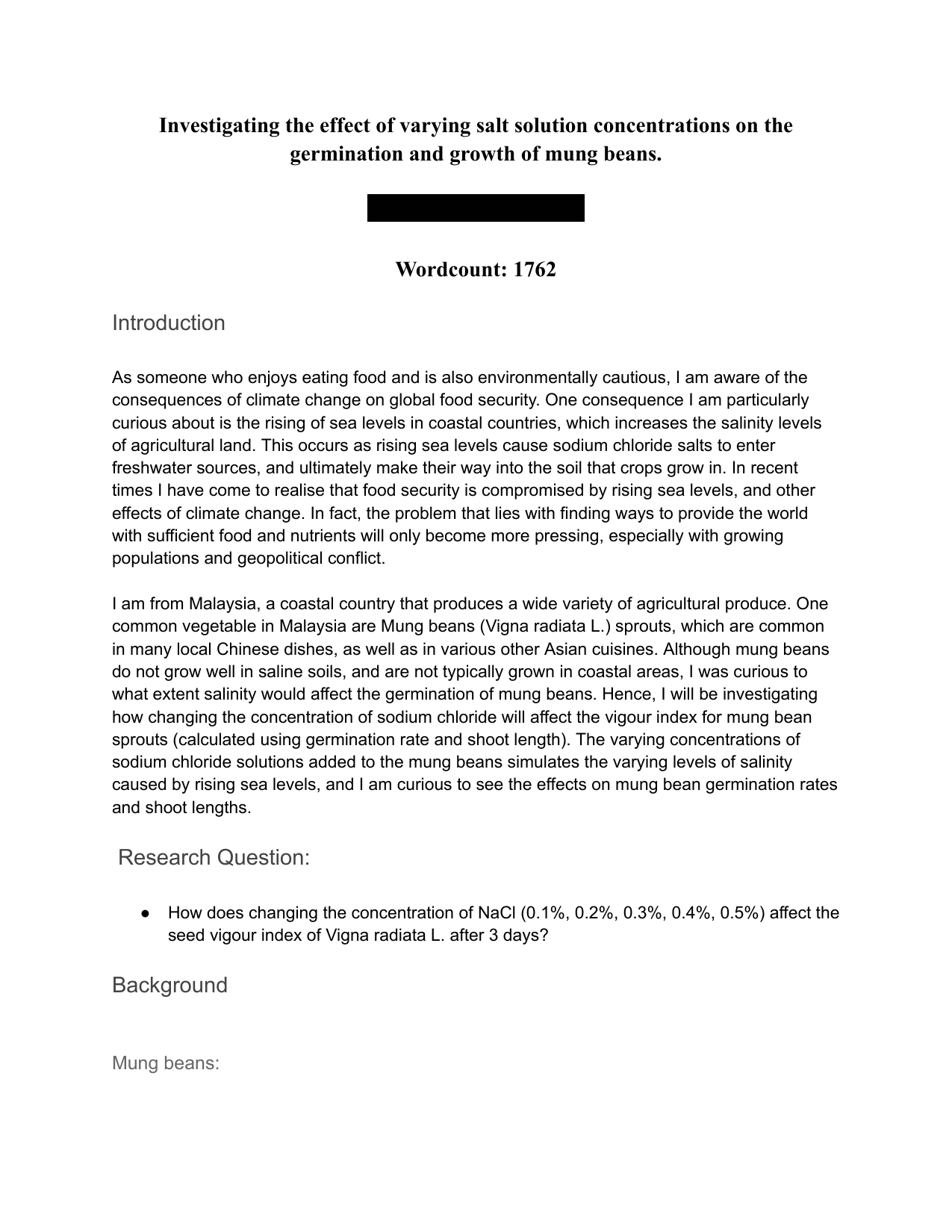 How does changing the concentration of NaCl (0.1%, 0.2%, 0.3%, 0.4%, 0.5%) affect the seed vigour index of Vigna radiata L. after 3 days? - Biology IA exemplar scored 4