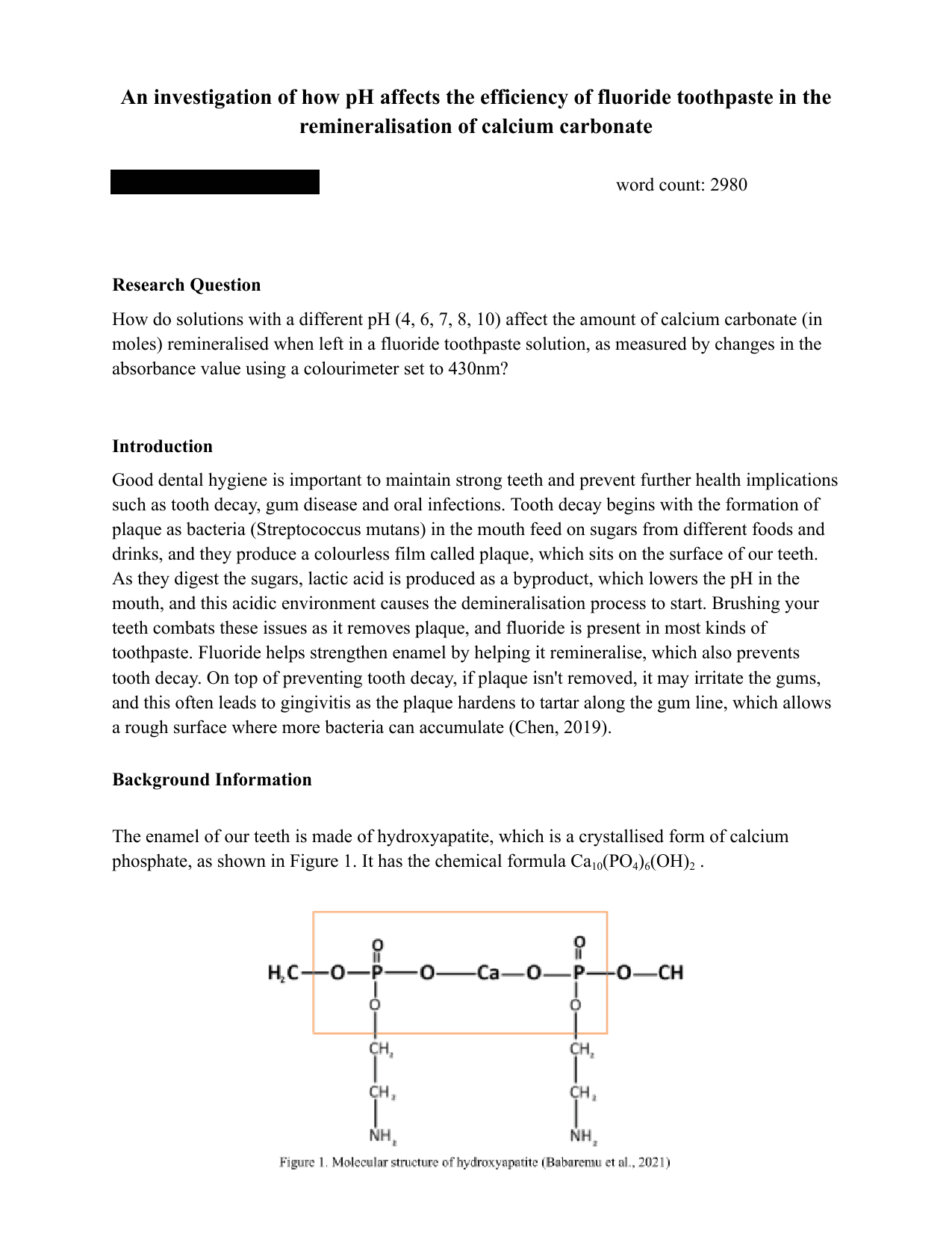 How do solutions with a different pH (4, 6, 7, 8, 10) affect the amount of calcium carbonate (in moles) remineralised when left in a fluoride toothpaste solution, as measured by changes in the absorbance value using a colourimeter set to 430nm? - Chemistry IA exemplar scored 5