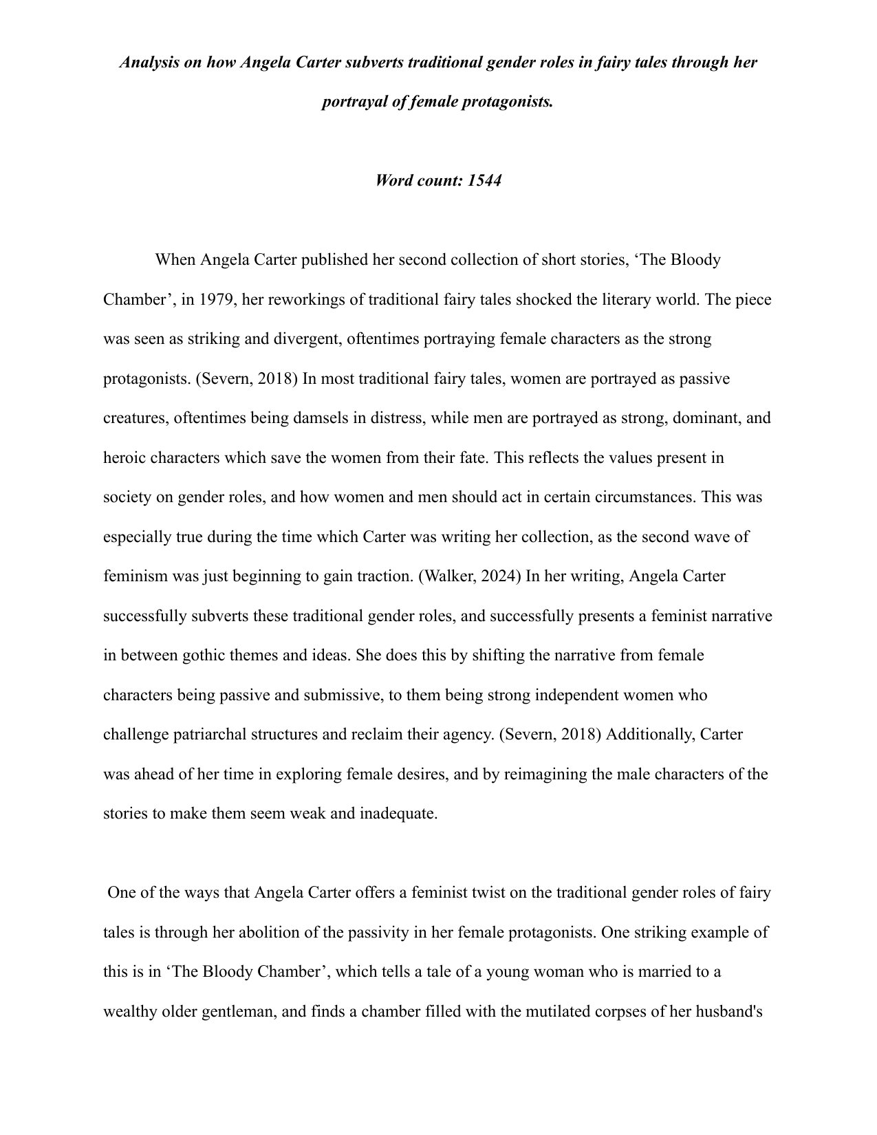 Analysis on how Angela Carter subverts traditional gender roles in fairy tales through her portrayal of female protagonists. - English A Lang & Lit IA exemplar scored 6