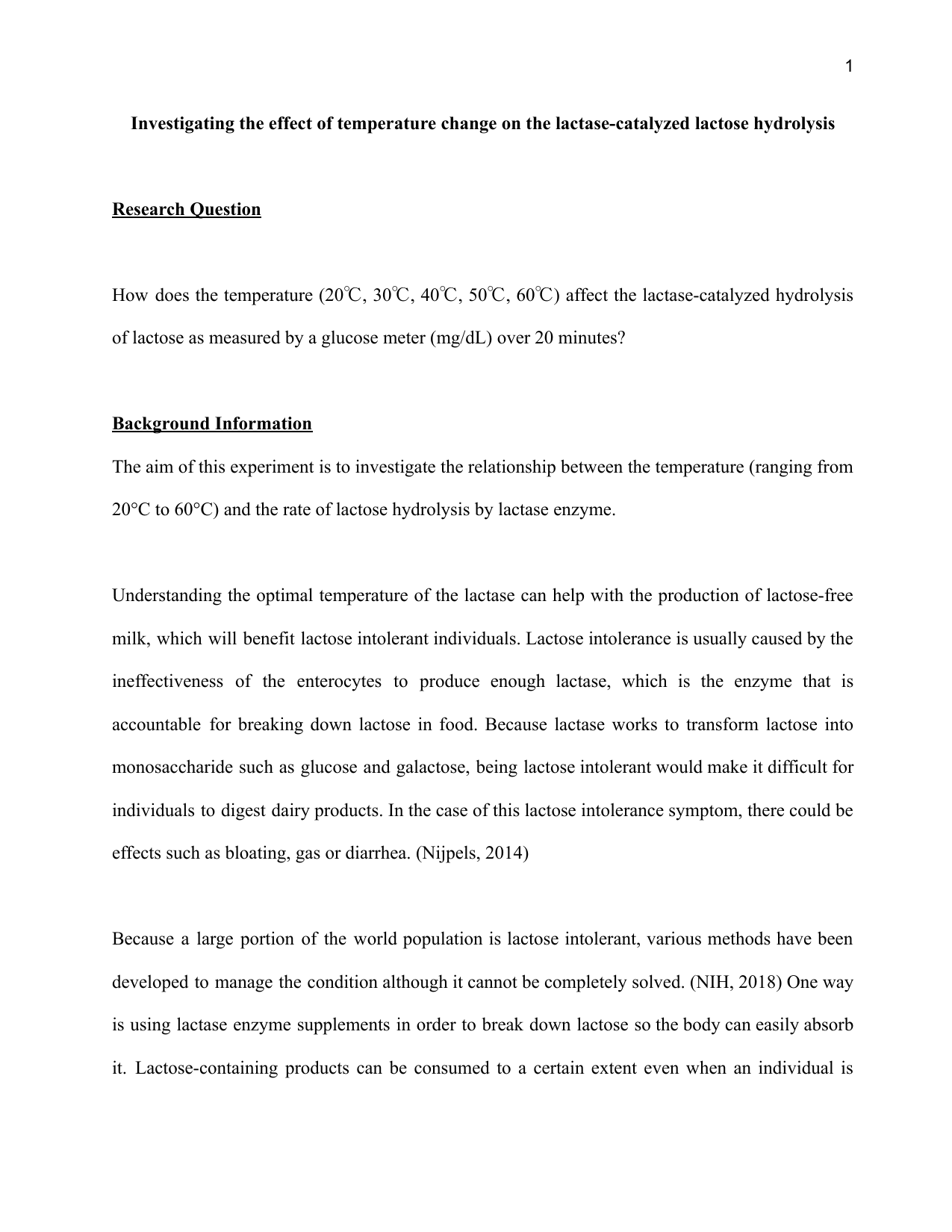 Investigating the effect of temperature change on the lactase-catalyzed lactose hydrolysis - Biology IA exemplar scored 6