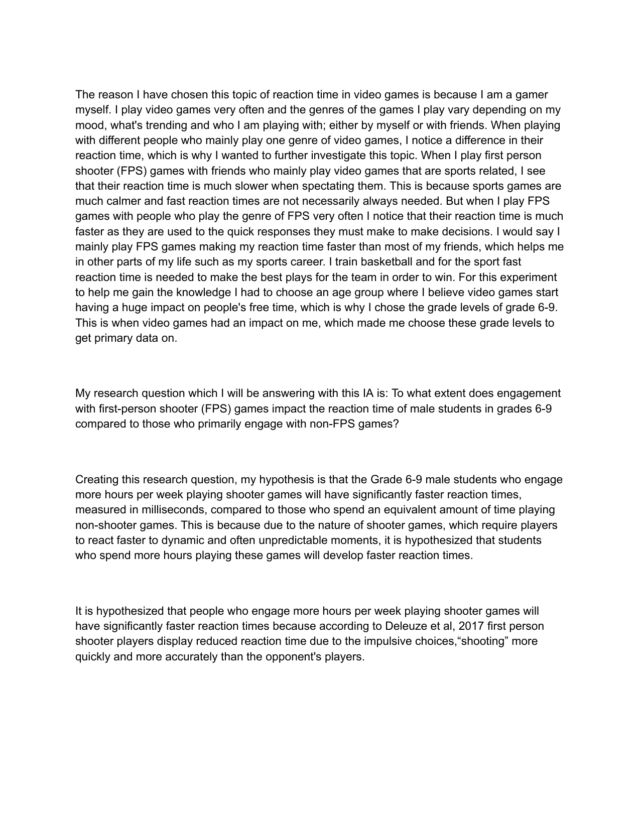 To what extent does engagement with first-person shooter (FPS) games impact the reaction time of male students in grades 6-9 compared to those who primarily engage with non-FPS games? - Sports, exercise and health science (SEHS - Old) IA exemplar scored 4