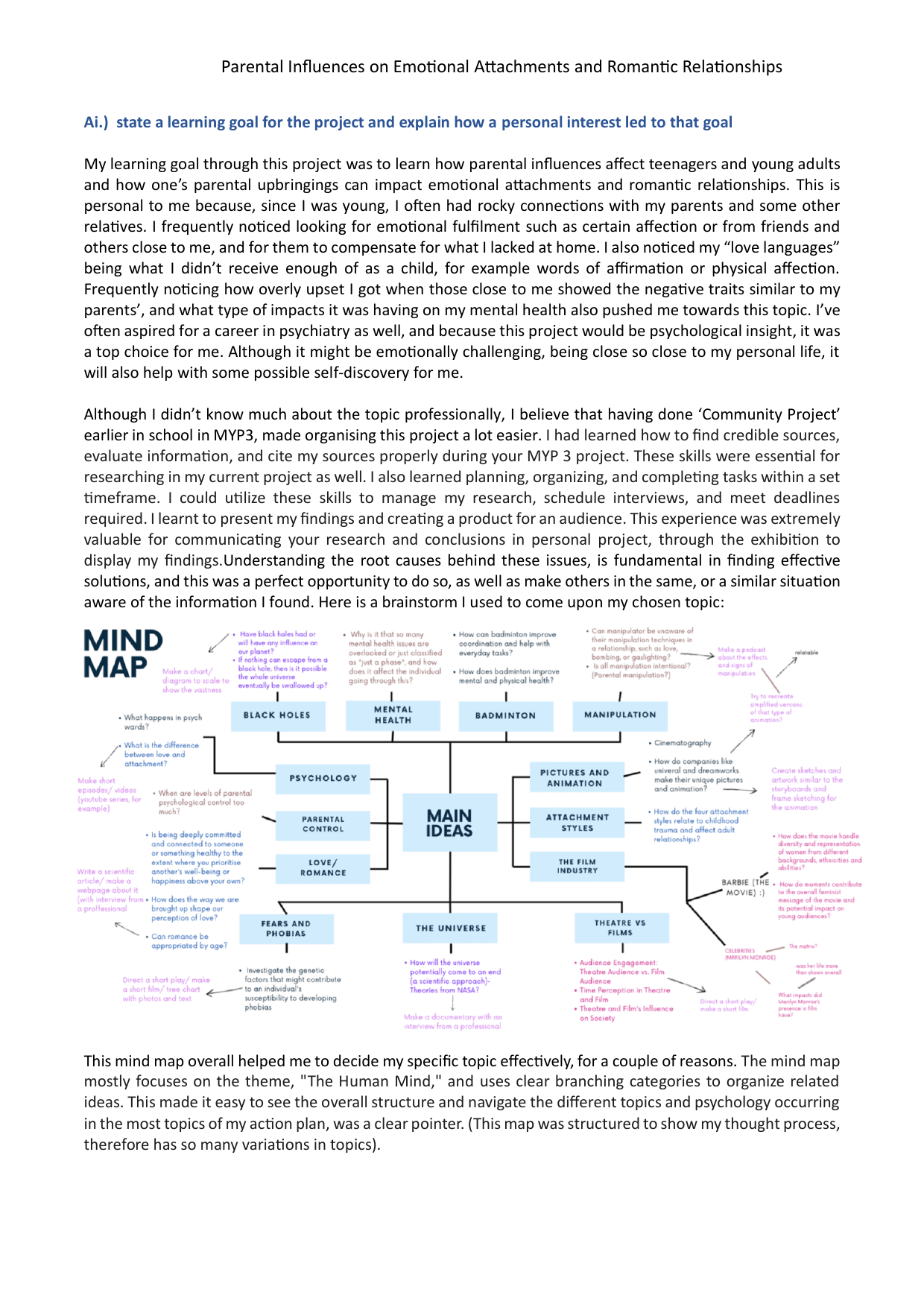 Parental Influences on Emotional Attachments and Romantic Relationships - Personal Project (MYP) External Assessment exemplar scored 7