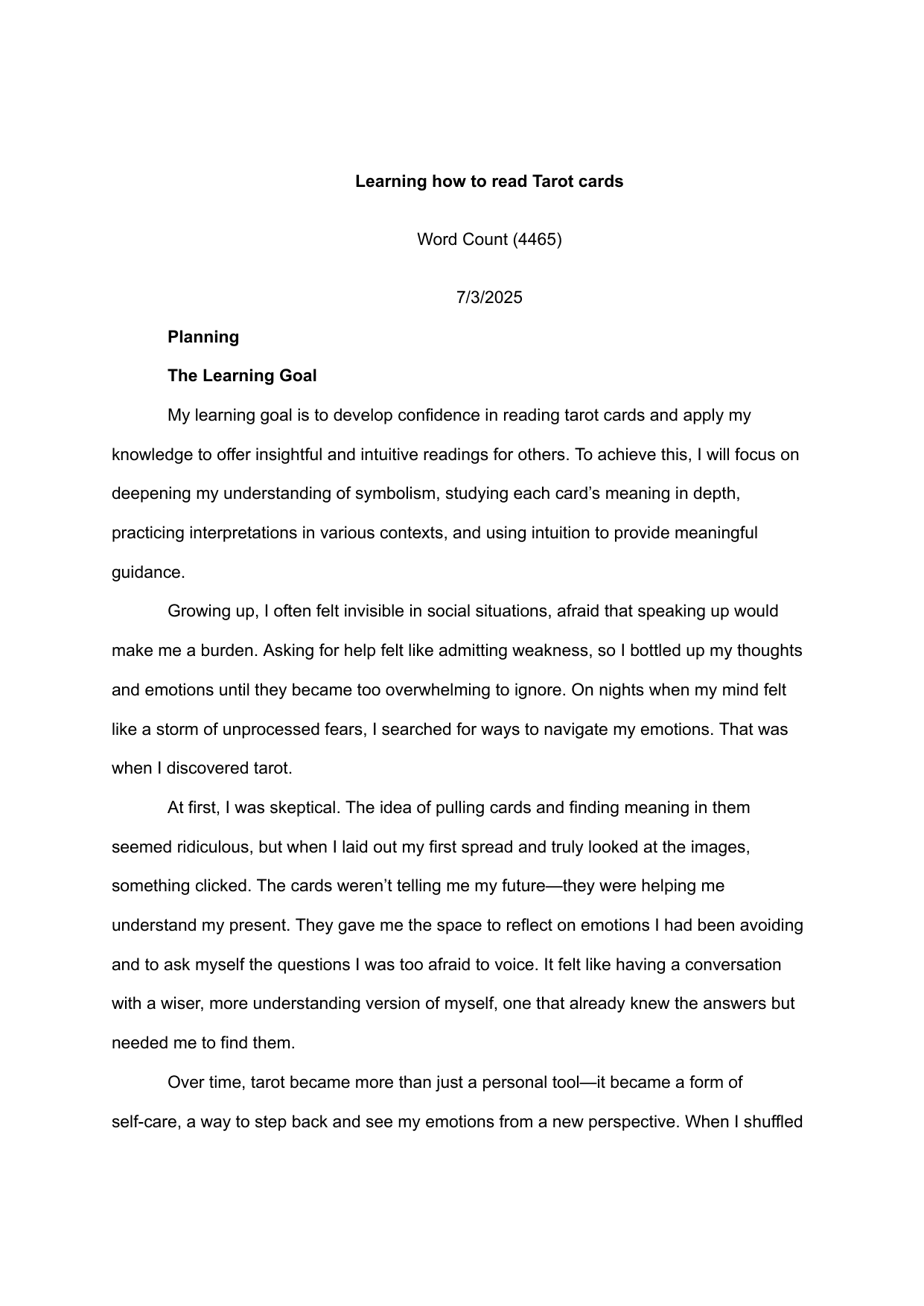 Learning how to read tarot cards - Personal Project (MYP) External Assessment exemplar scored 7