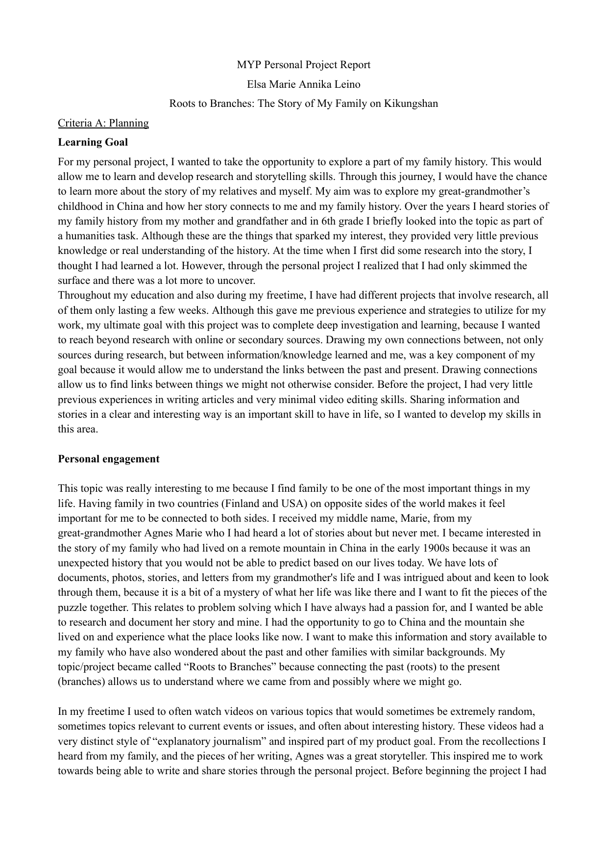 Roots to Branches: The Story of My Family on Kikungshan - Personal Project (MYP) External Assessment exemplar scored 7