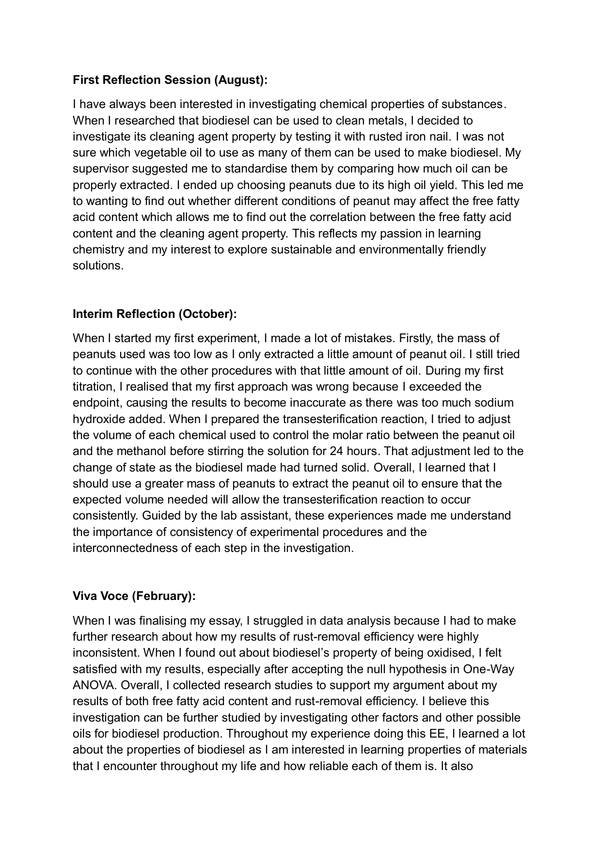 How do different peanut oil extraction conditions (drying, roasting, hydration) 
affect the free fatty acid content and rust-removal efficiency of biodiesel made 
from the peanut oil, determined by the change in mass (±0.0001 g) of rusted iron 
nail? - Chemistry EE exemplar scored B