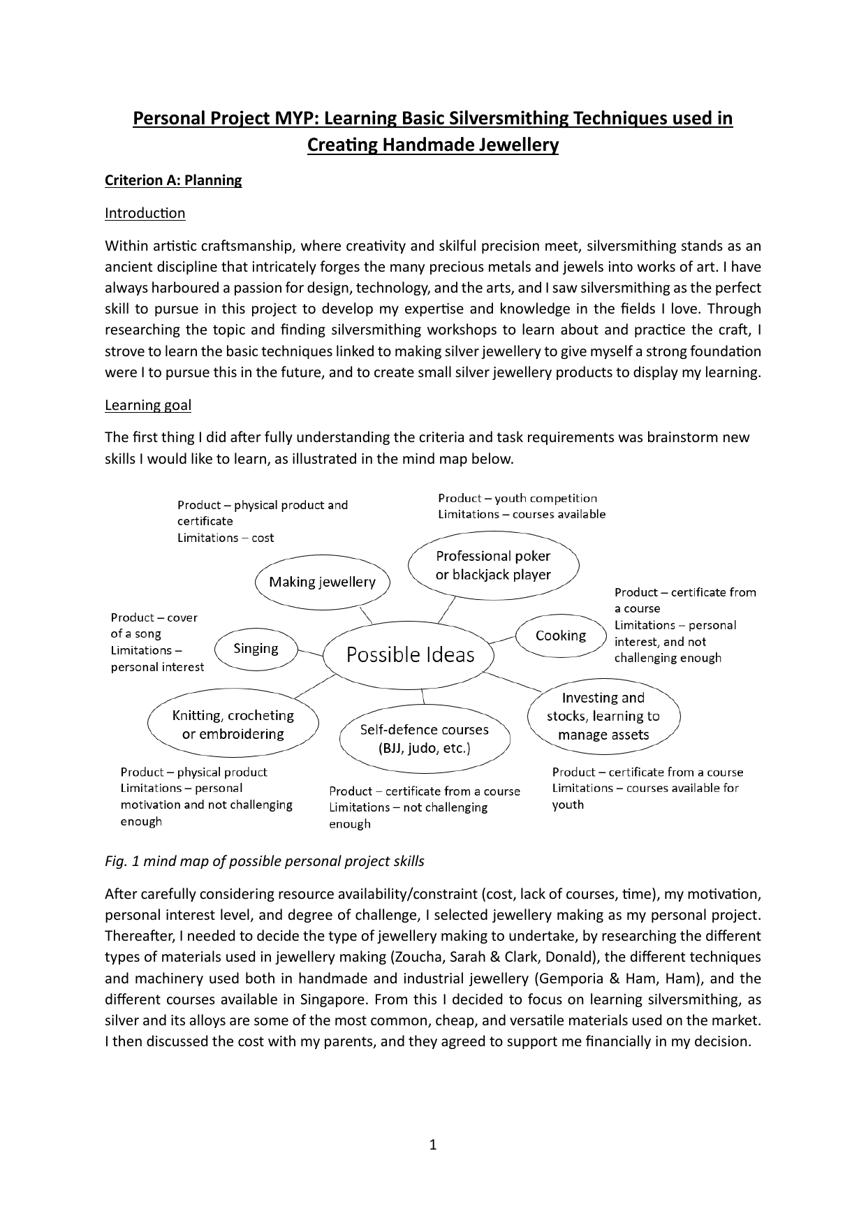 Learning Basic Silversmithing Techniques used in  Creating Handmade Jewellery - Personal Project (MYP) External Assessment exemplar scored 7