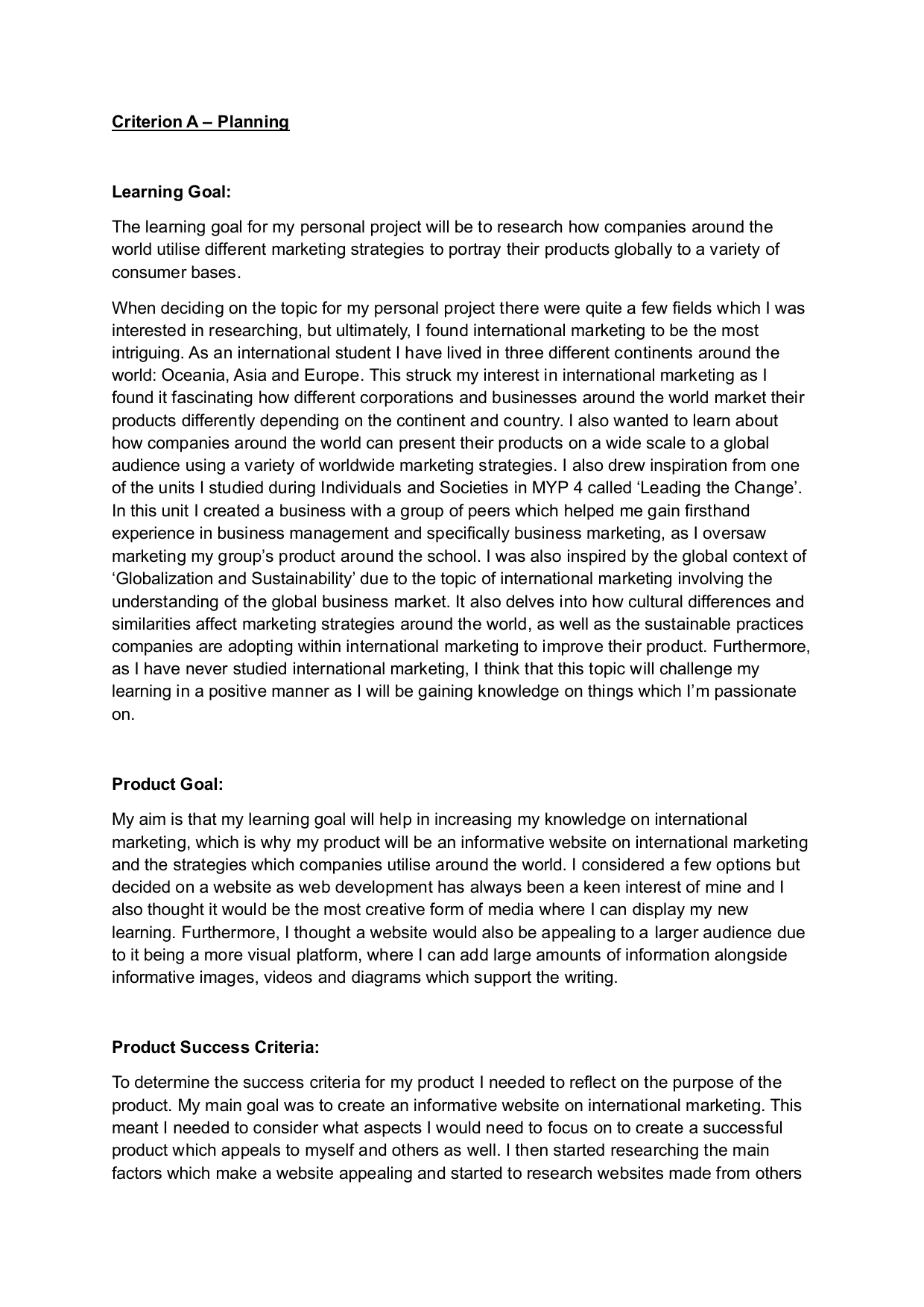 Informative Website on the International Marketing Strategies used by McDonalds, Red Bull & Nike - Personal Project (MYP) External Assessment exemplar scored 7