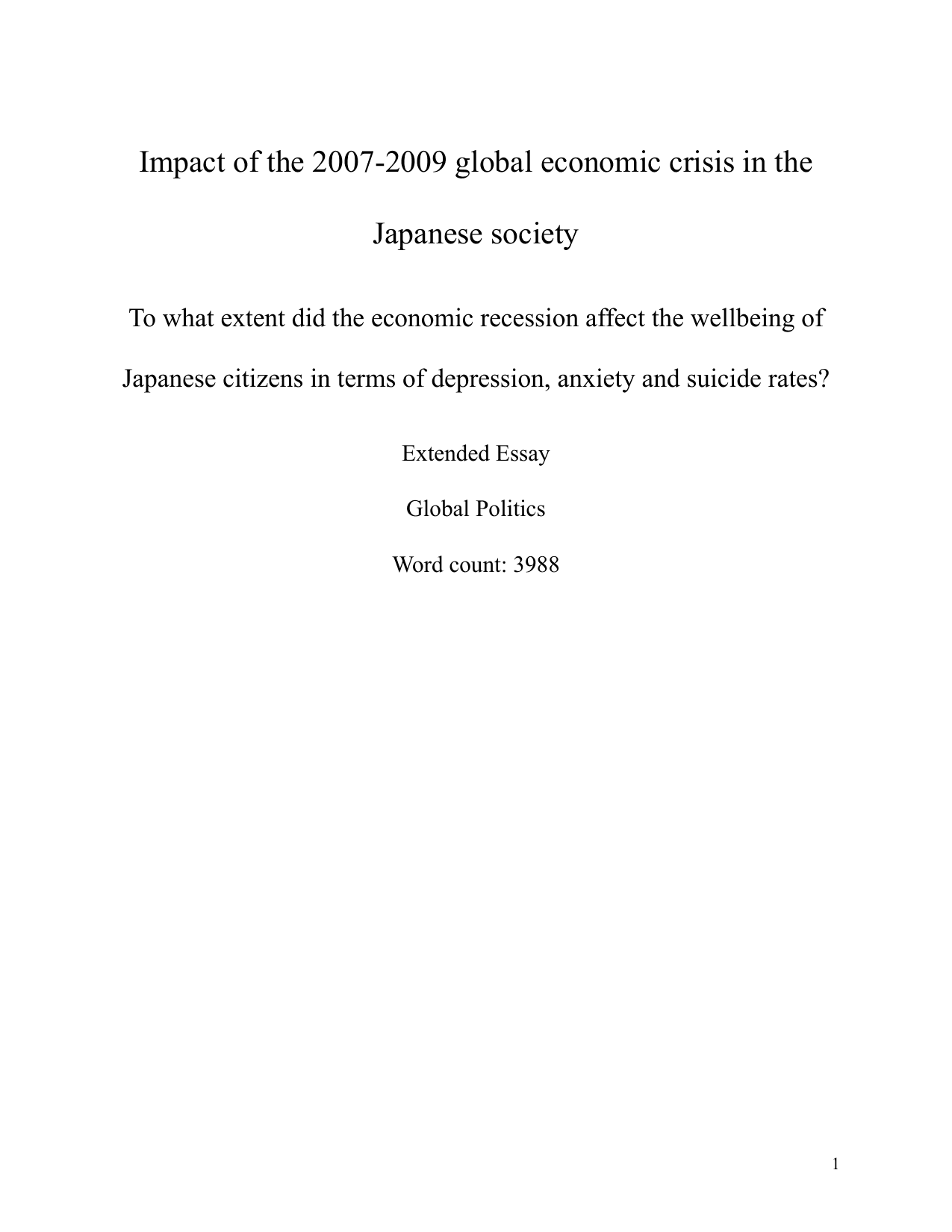 To what extent did the economic recession affect the wellbeing of Japanese citizens in terms of depression, anxiety and suicide rates? - Global Politics EE exemplar scored C